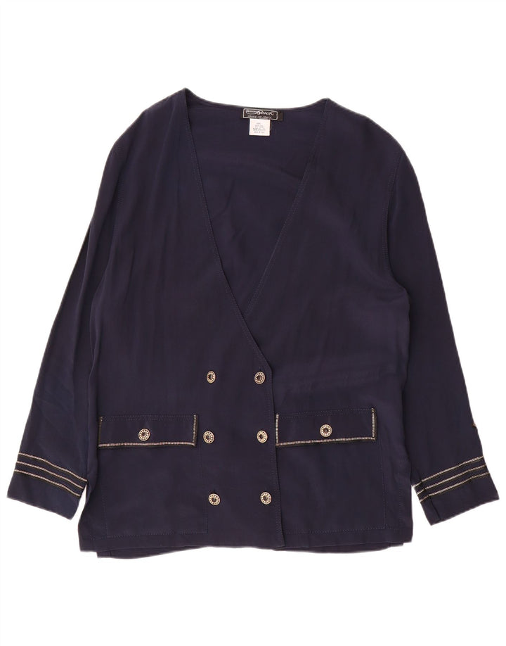 Vintage Dame Dobbeltradet Blazer Jacket UK 16 Large Navy Blue Silk