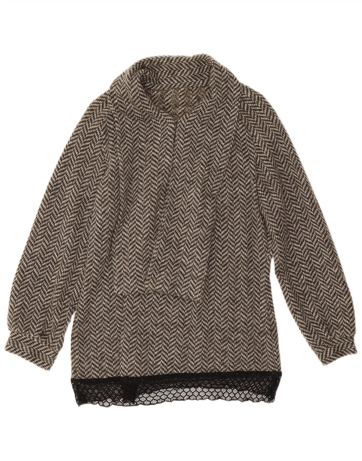 Vintage Dame Front Tie Bluse Top UK 14 Large Grey Herringbone