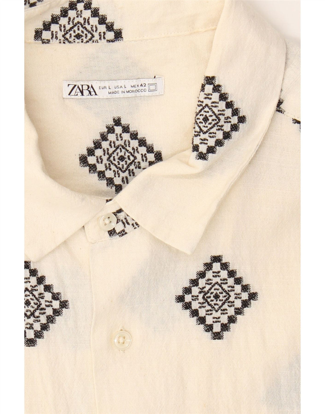 ZARA Mens Short Sleeve Shirt Large Off White Geometric Cotton Vintage Zara and Second-Hand Zara from Messina Hembry 