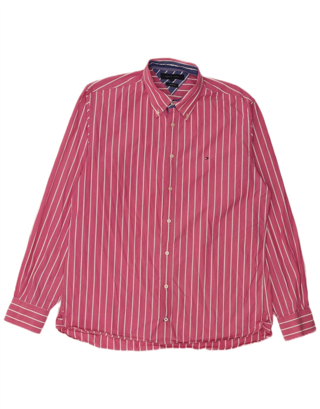 Tommy Hilfiger Herre Custom Fit skjorte, stor pink stribet bomuld