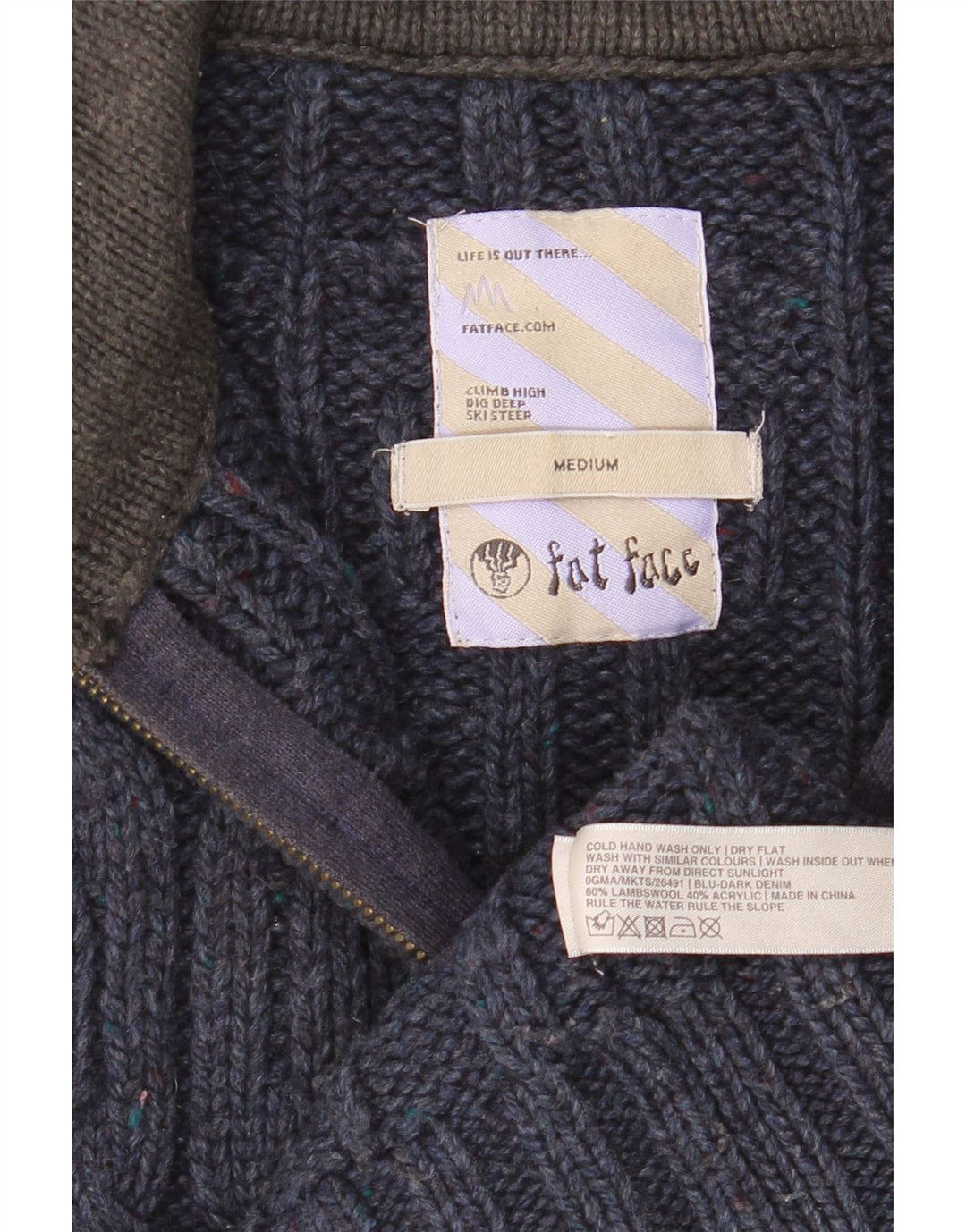 Fat Face Herre Zip Neck Jumper Sweater Medium Navy Blue Lammeuld