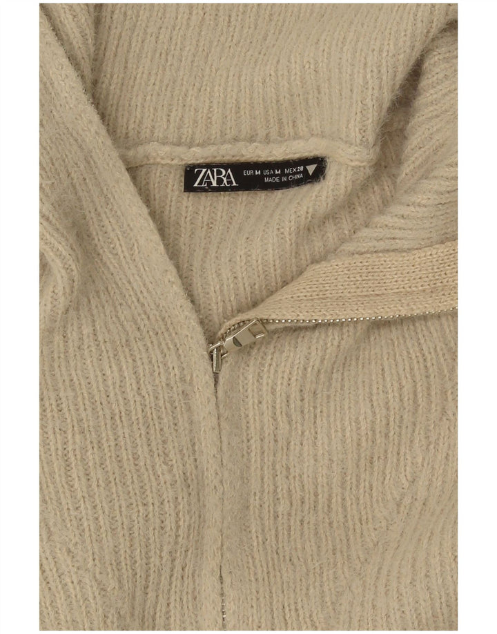 Zara Dame Crop Zip Neck Jumper Sweater UK 12 Medium Beige