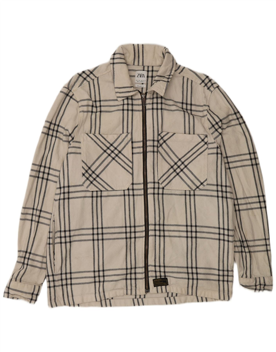 Zara Herre Overshirt Relaxed Fit Flanellskjorte Stor hvid ternet bomuld