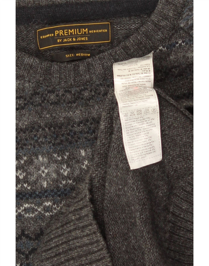 JACK & JONES Herre Boat Neck Jumper Sweater Medium Grey Fair Isle Lambswool