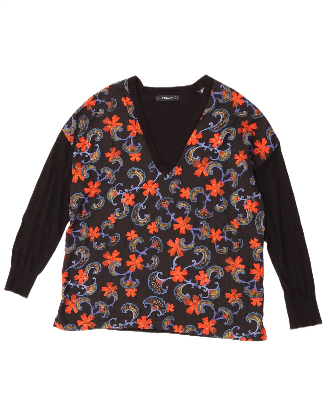 Zara Dame Top Langærmet UK 14 Medium Sort Blomsteruld