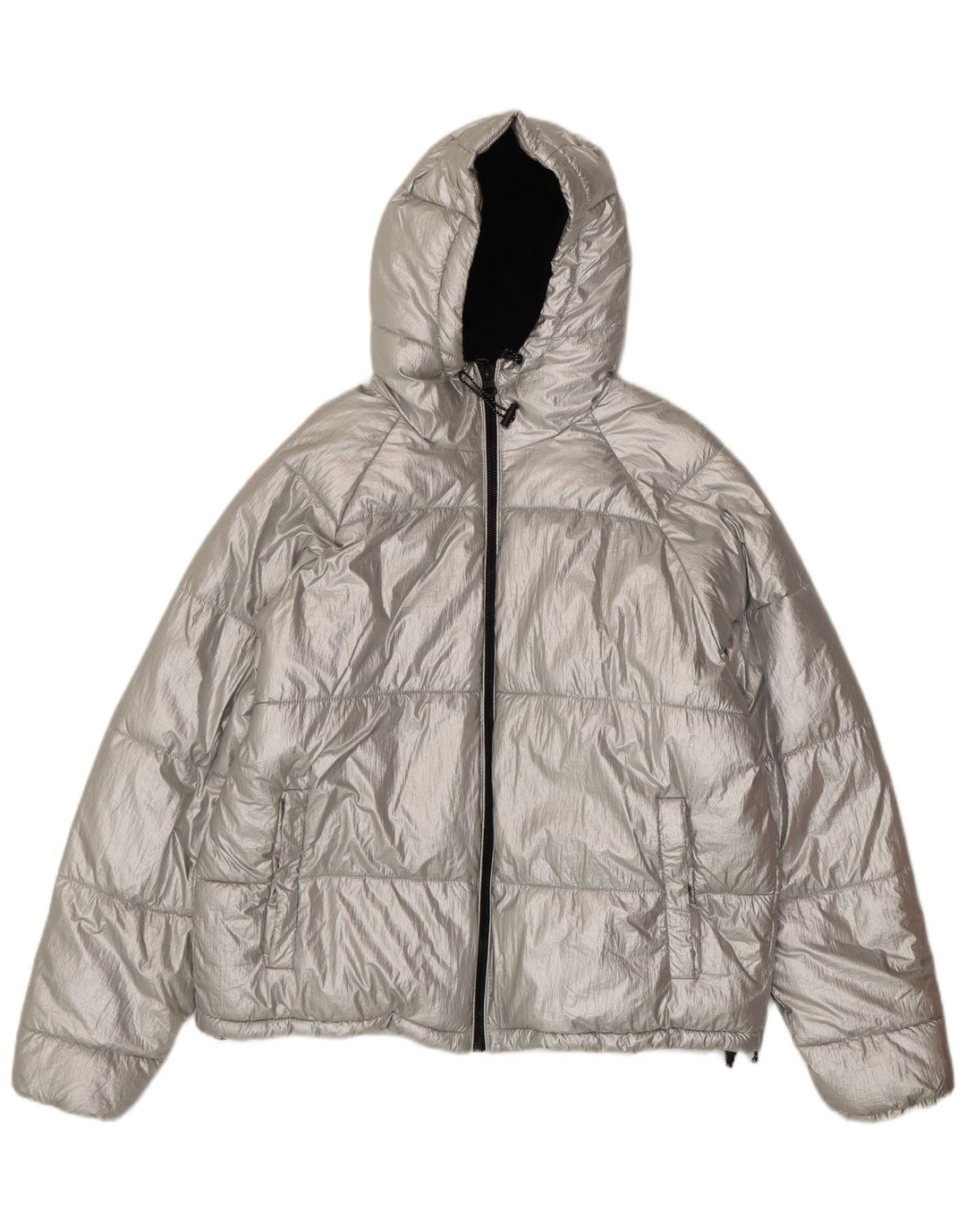 Zara Dame Oversized grafisk hættepolstret jakke EU 38 Small Silver Nylon