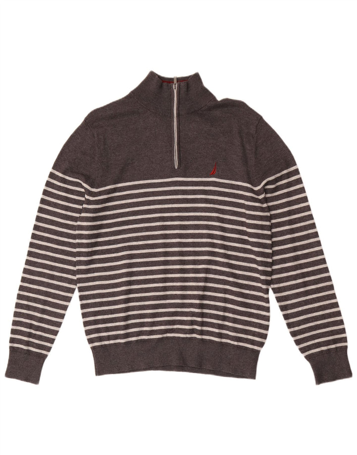 Nautica Herre Zip Neck Jumper Sweater lille grå stribet bomuld
