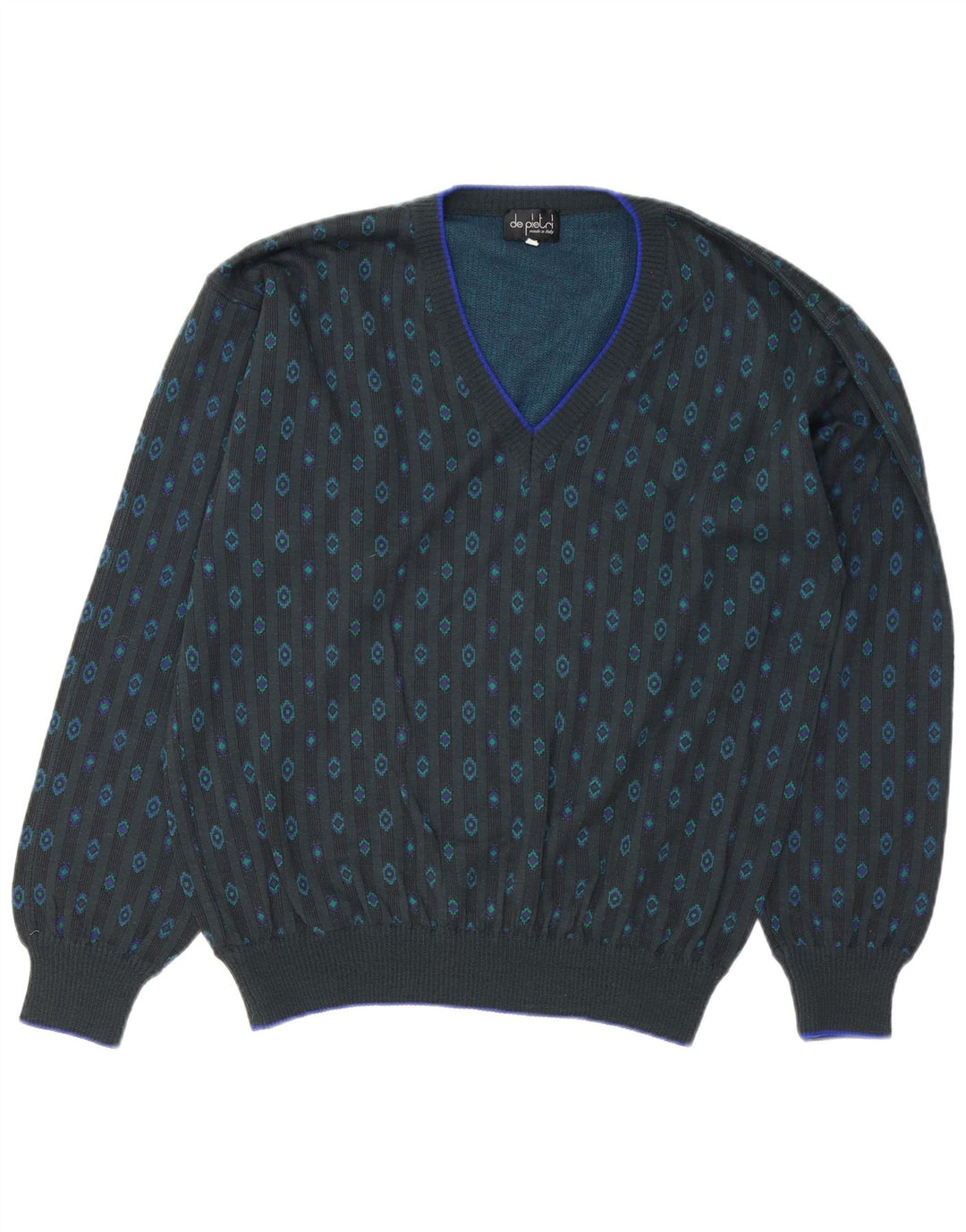 De Pietri Herre V-hals sweater IT 50 Medium Grå Geometrisk Bomuld