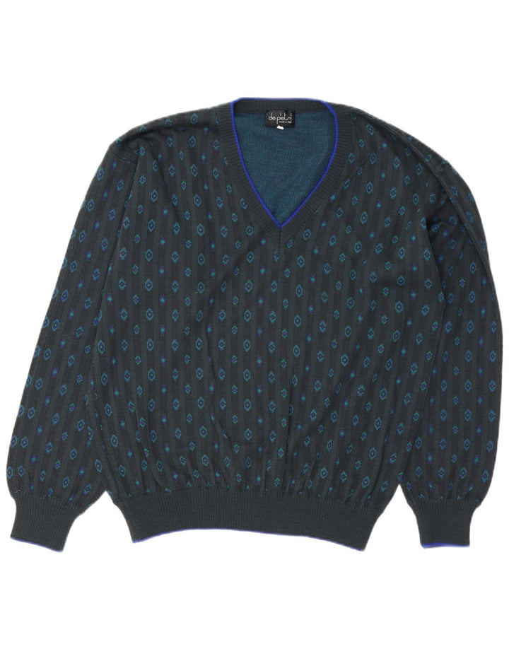 De Pietri Herre V-hals sweater IT 50 Medium Grå Geometrisk Bomuld