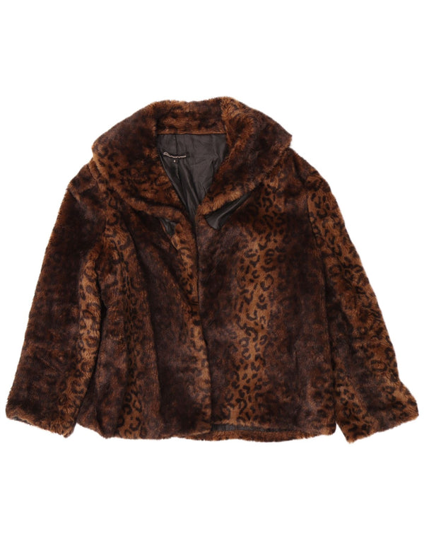 Glamorøse kvinders imiteret pelsjakke UK 8 Small Brown Animal Print
