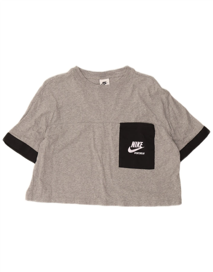 NIKE Dame Crop Graphic T-Shirt Top UK 14 Medium Grey Colourblock Bomuld