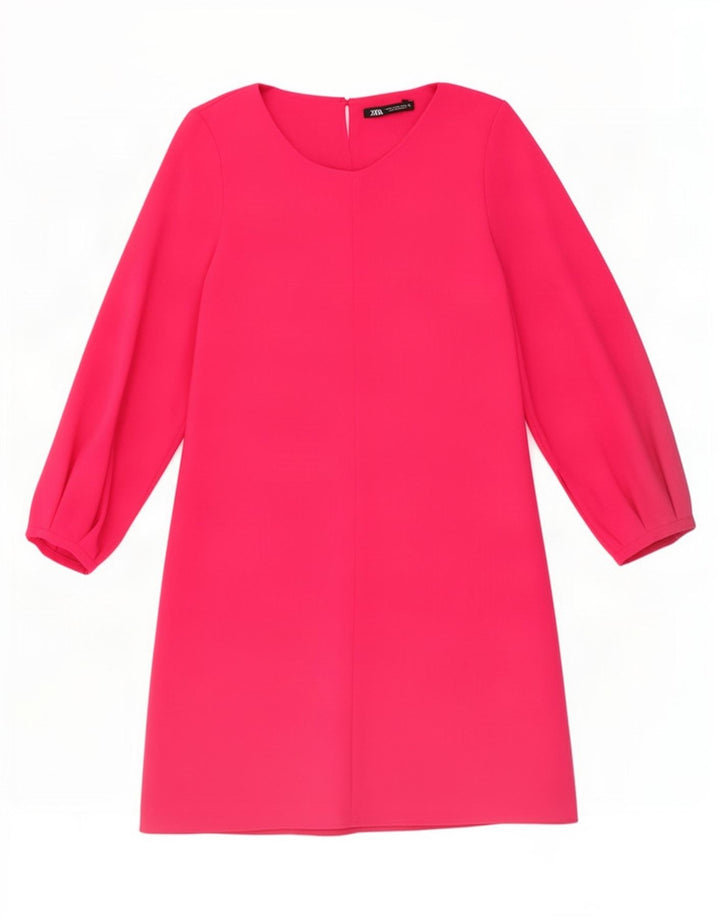 Zara Dame 3/4-ærmet A-line kjole UK 12 Medium Pink Polyester