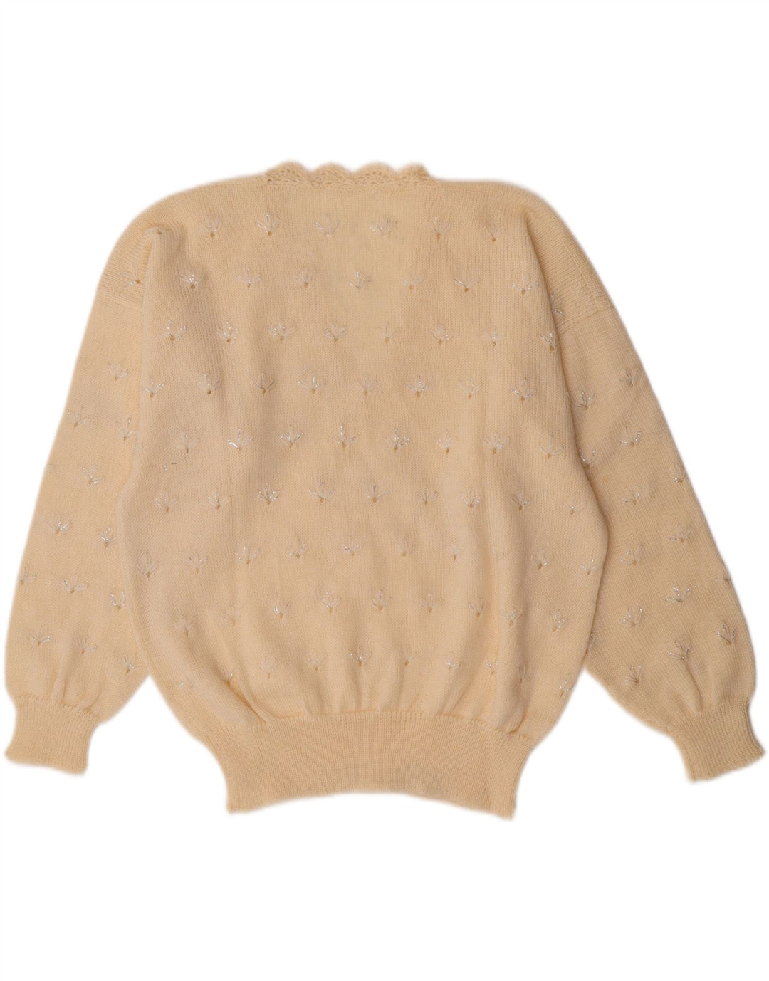 VINTAGE Dame V-hals sweater UK 14 Medium Off White Floral