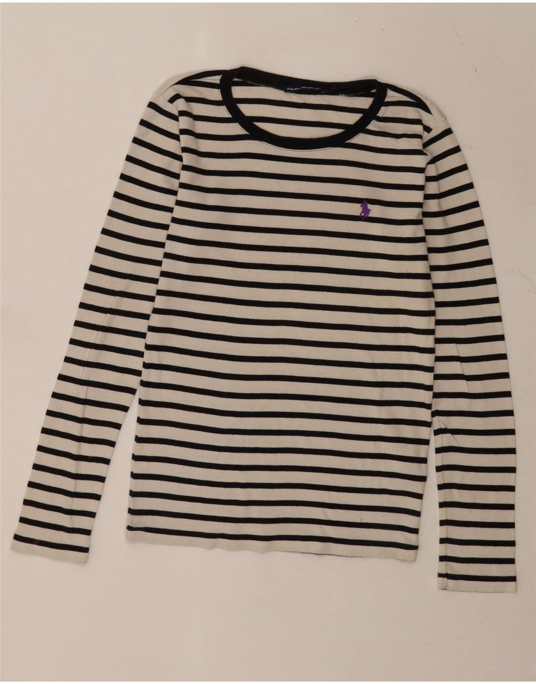 Ralph Lauren Dame Top Langærmet UK 12 Medium Hvid Stribet Bomuld