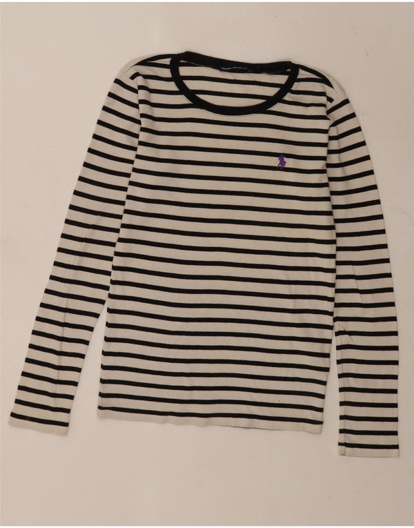 Ralph Lauren Dame Top Langærmet UK 12 Medium Hvid Stribet Bomuld