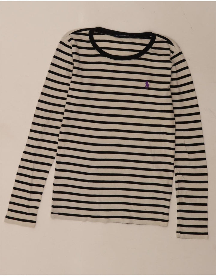 Ralph Lauren Dame Top Langærmet UK 12 Medium Hvid Stribet Bomuld
