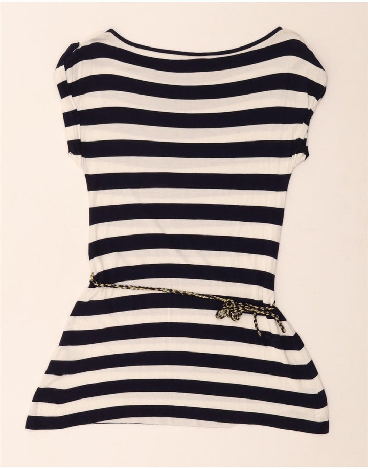 MONSOON Dame Tunika Top UK 12 Mellem marineblå stribet viskose