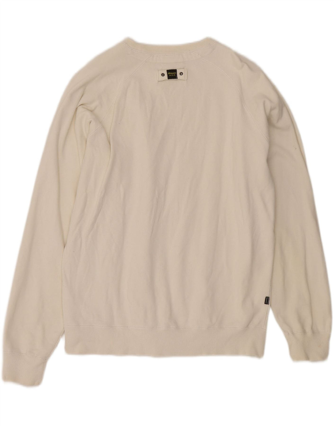 BLAUER Mens Graphic Sweatshirt Jumper Medium White Cotton Vintage Blauer and Second-Hand Blauer from Messina Hembry 