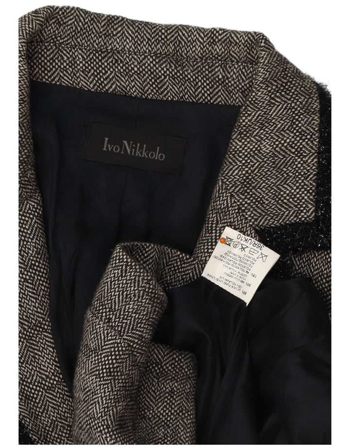VINTAGE Womens 3 Button Blazer Jacket UK 10 Small Grey Herringbone Linen