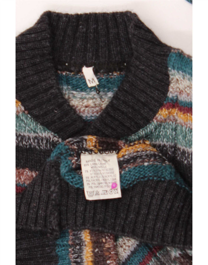 Vintage Herre-sweater med knapudskæring Medium Flerfarvet Stribet Uld