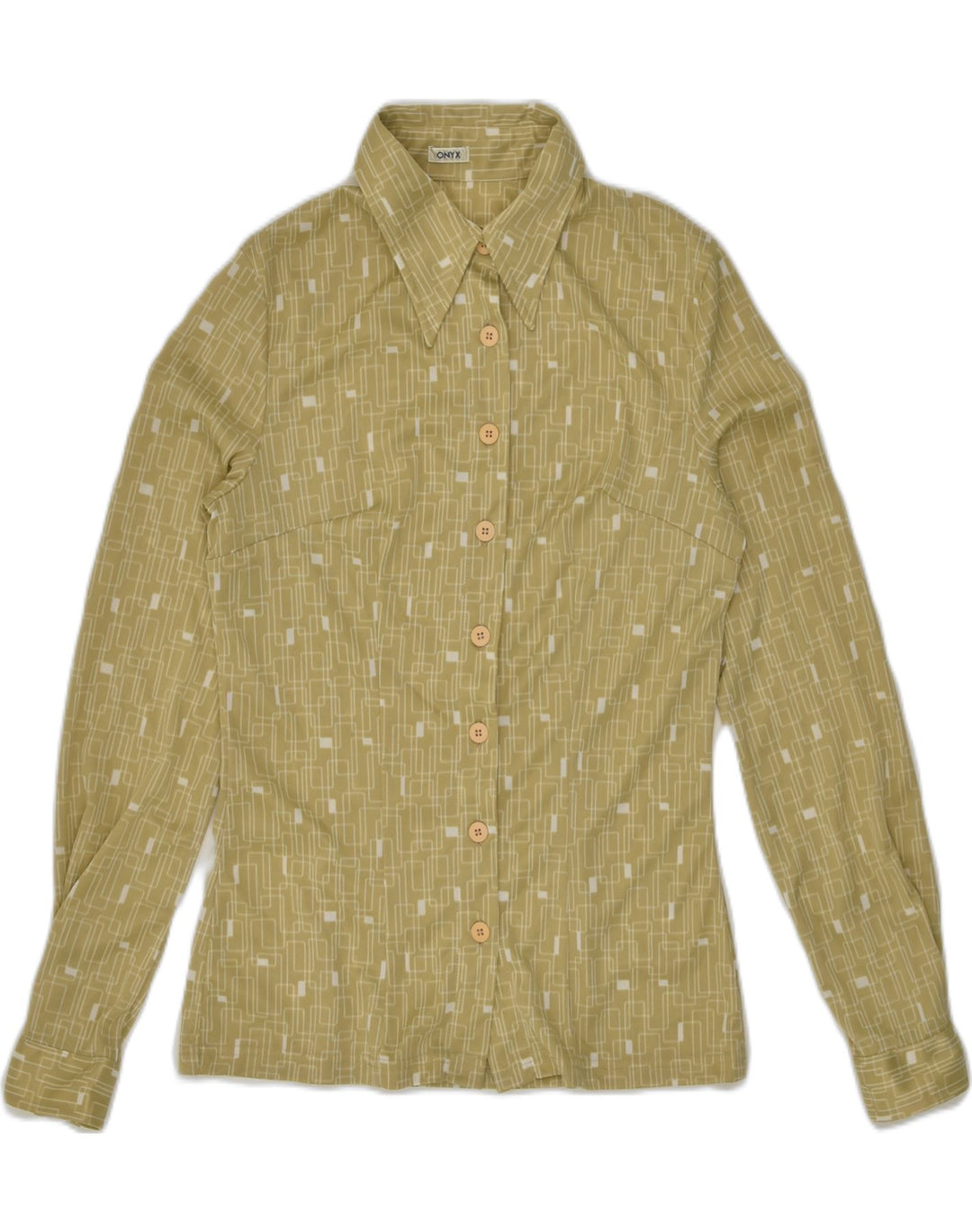 ONYX Womens Shirt UK 4 XS Khaki Geometric Polyester | Vintage Onyx | Thrift | Second-Hand Onyx | Used Clothing | Messina Hembry 