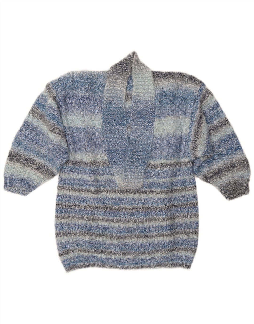 VINTAGE Dame Shawl Neck Jumper Sweater UK 14 Mellem blå stribet