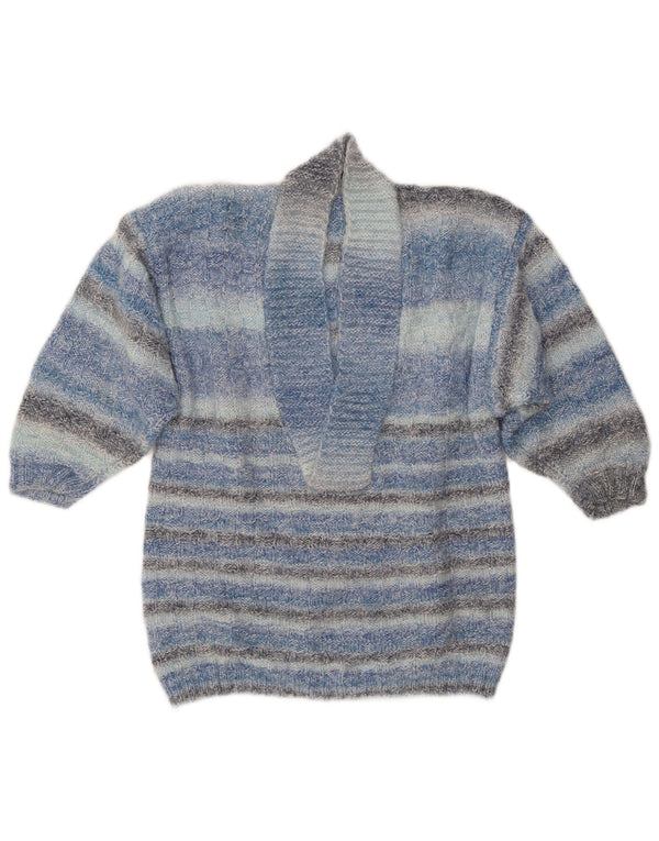 VINTAGE Dame Shawl Neck Jumper Sweater UK 14 Mellem blå stribet