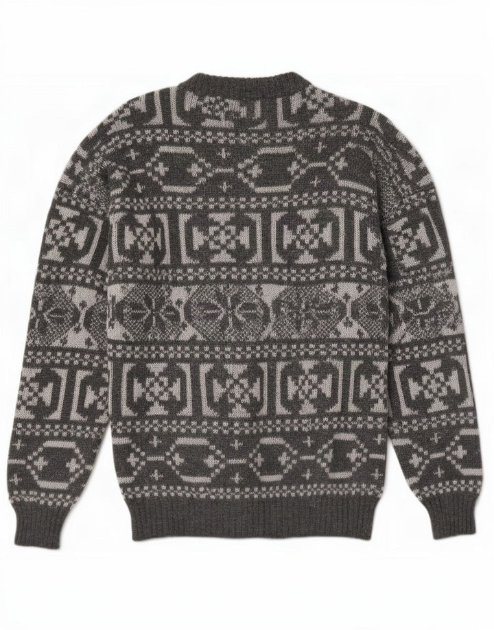 Vintage herre sweater med rund hals, mellemgrå geometrisk uld