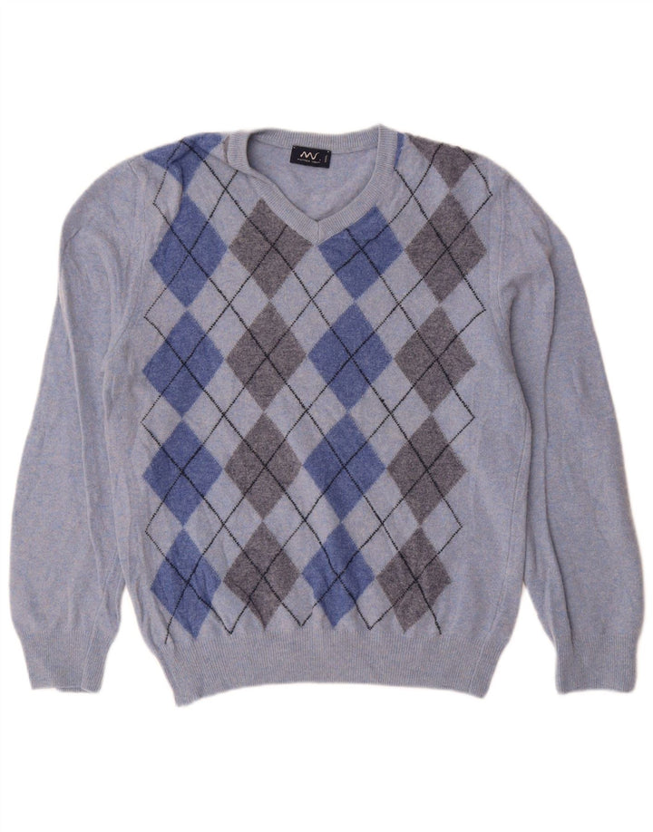 Matteo Volpi Dame V-hals sweater UK 12 Medium Blue Argyle/Diamond