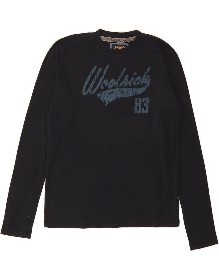 WOOLRICH Mens Graphic Top Long Sleeve Medium Navy Blue Cotton Vintage Woolrich and Second-Hand Woolrich from Messina Hembry 