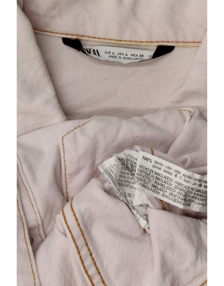 Zara Womens Crop Denim Jacket UK 16 Large Pink Bomuld