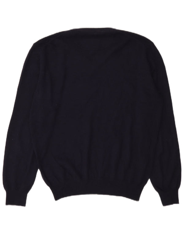 MARINA YACHTING Mens V-Neck Jumper Sweater Large Navy Blue Wool