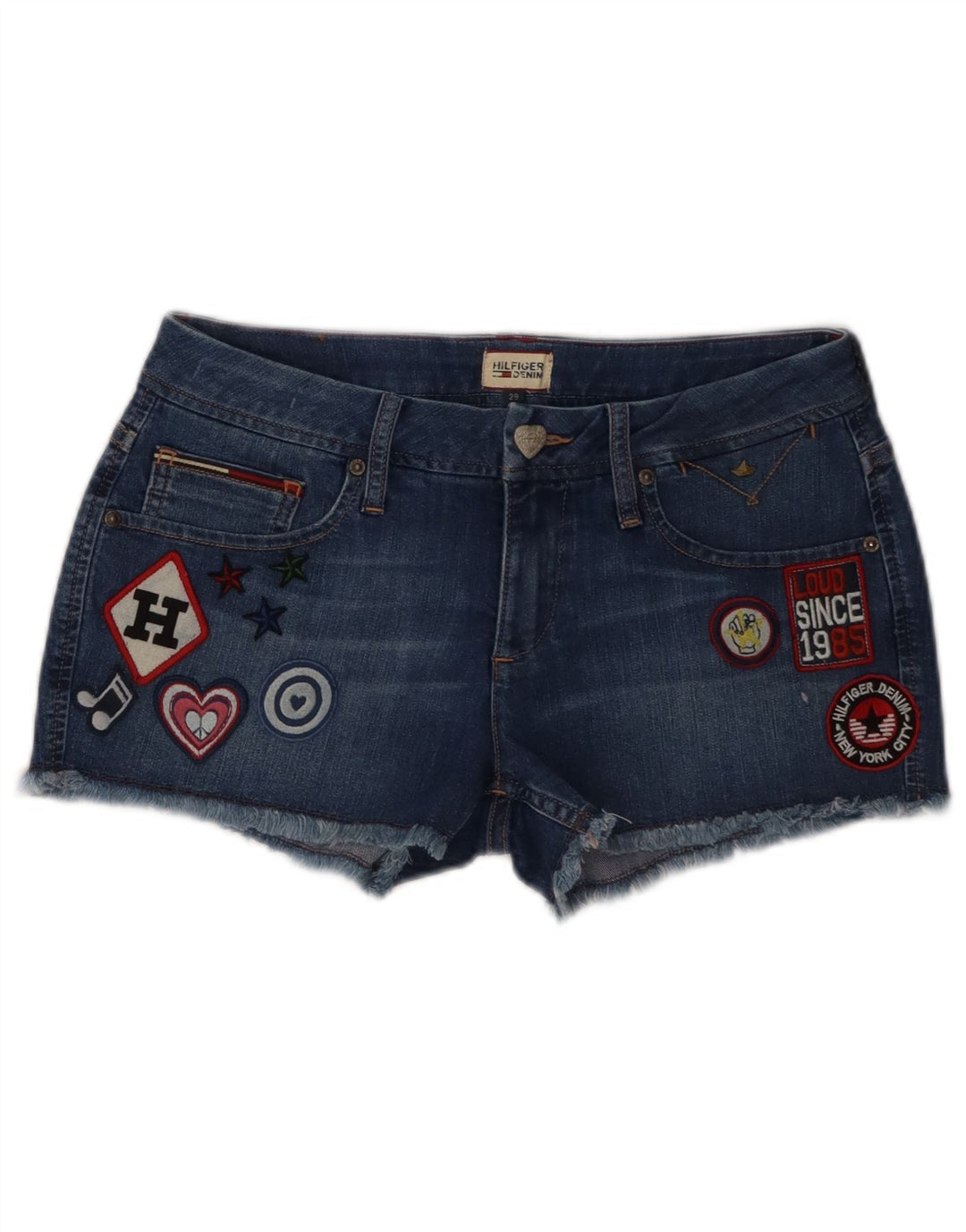 Tommy Hilfiger Grafiske denimshorts til kvinder W29 Mellemblå bomuld