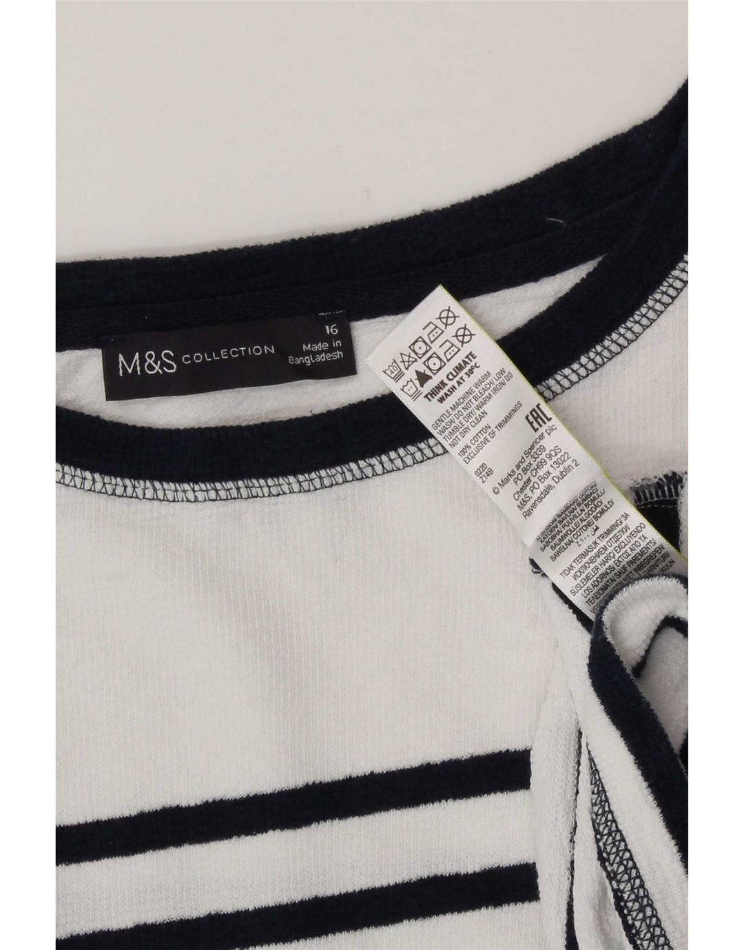 Marks & Spencer Dametop Langærmet UK 16 Stor hvid stribet bomuld