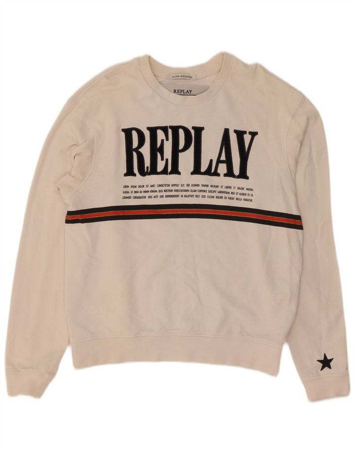 Replay Dame Grafisk Sweatshirt Jumper UK 14 Medium Hvid Bomuld