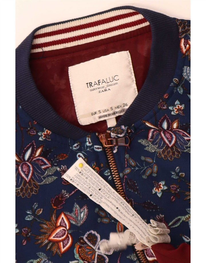 Zara Dame Trafaluc Bomber Jacket UK 10 Small Navy Blue Floral Polyester