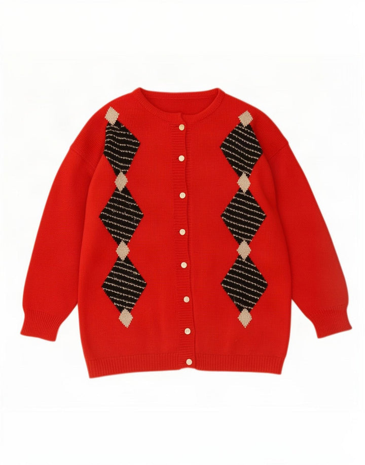 Vintage dame cardigan sweater UK 16 Large Red Argyle/Diamond