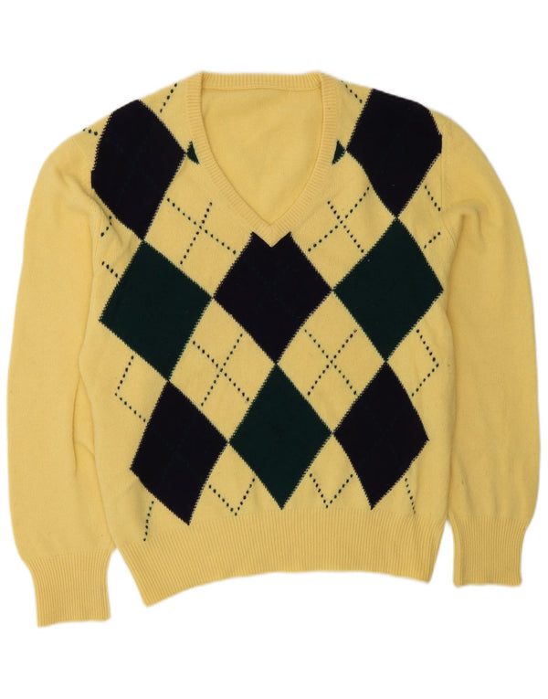 VINTAGE Herre V-hals sweater Stor Gul Argyle/Diamond