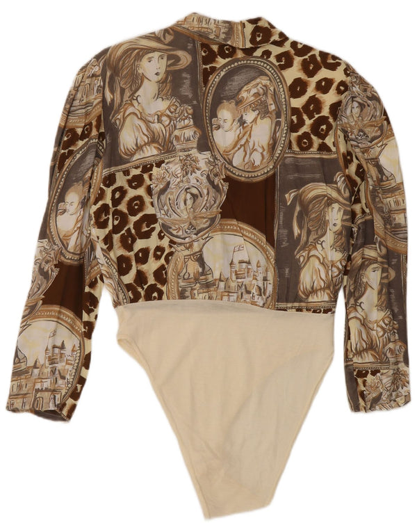 Vintage kvinders abstrakt mønster langærmet bodysuit UK 14 medium brun