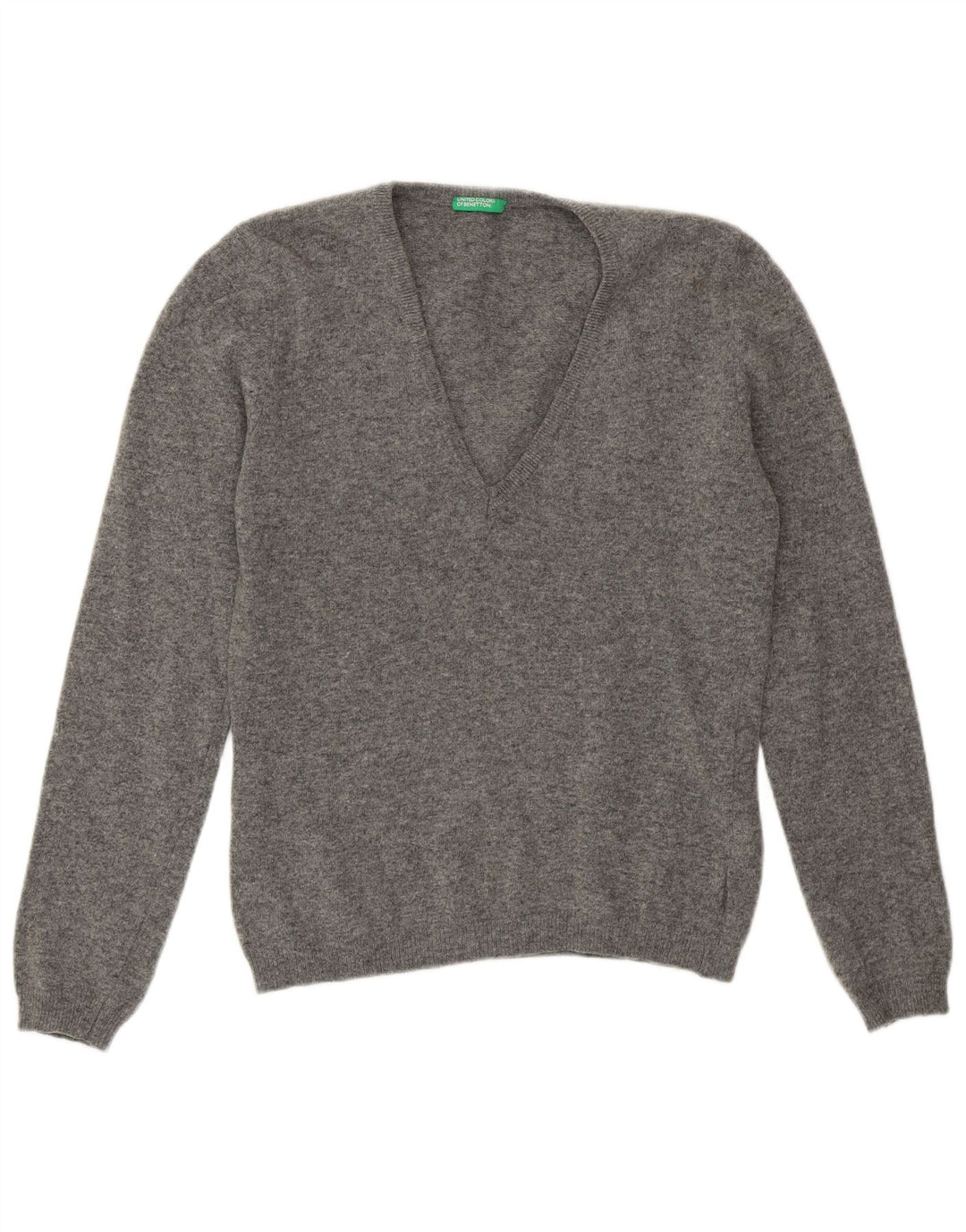 Benetton Dame V-hals sweater UK 12 Medium Grey Uld