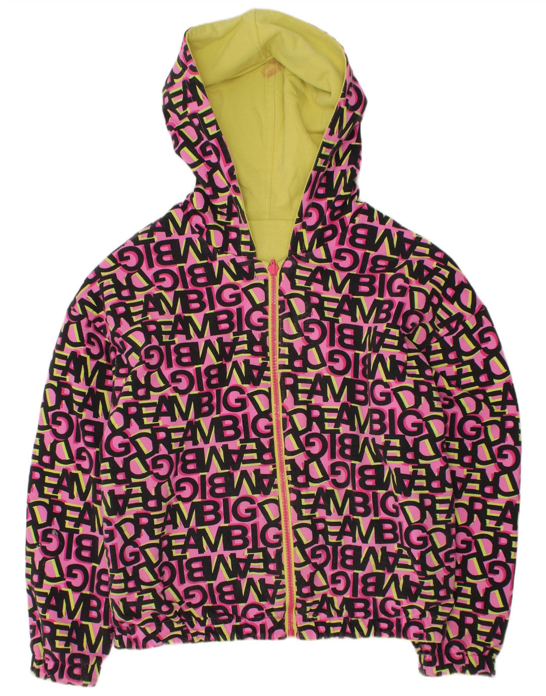 VINTAGE piger grafisk hættejakke vendbar 11-12 år Pink bomuld