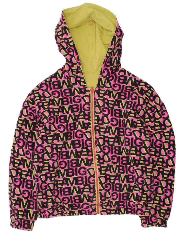 VINTAGE piger grafisk hættejakke vendbar 11-12 år Pink bomuld