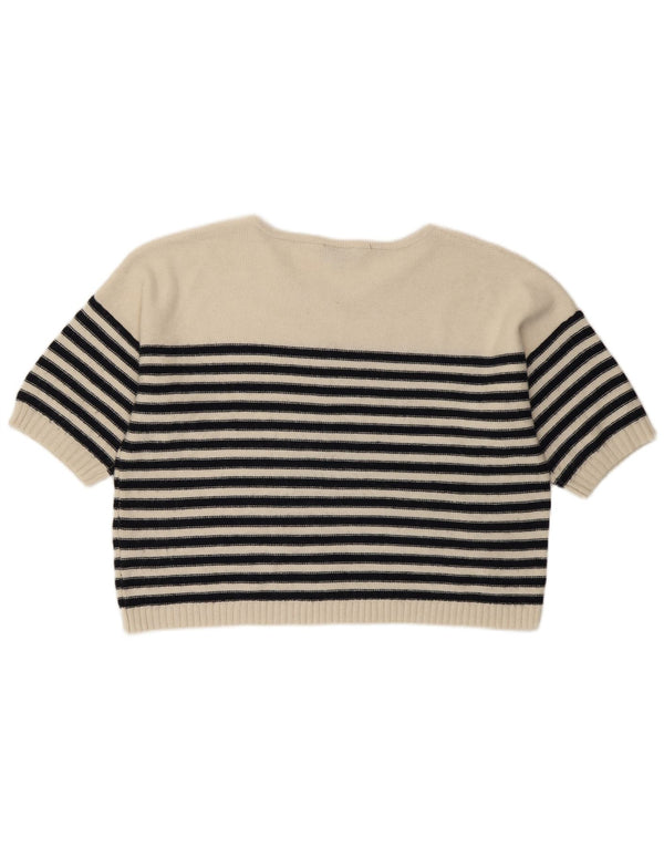 Topshop Dame Kortærmet V-hals Jumper Sweater UK 8 Lille Hvid Stribet