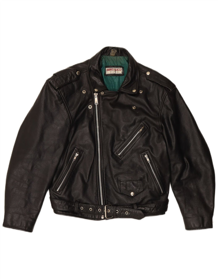 BERTO LUCCI Herre Læder Biker Jacket UK 36 Lille Sort Læder