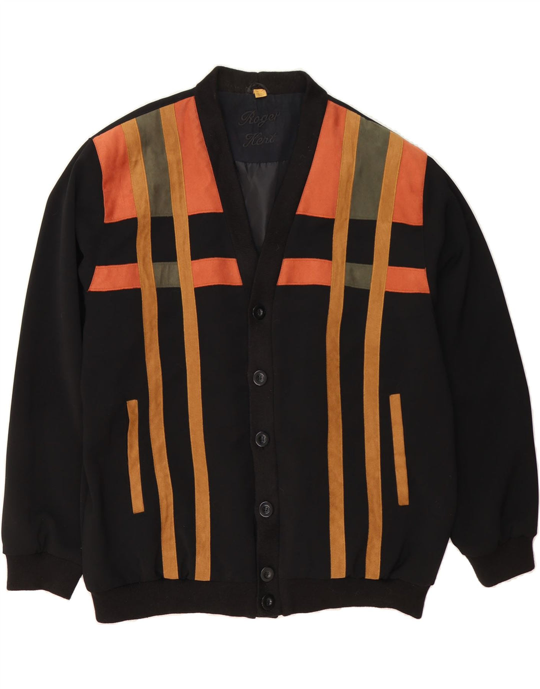 ROGER KENT Womens Bomber Jacket UK 18 XL Black Striped Polyester Vintage Roger Kent and Second-Hand Roger Kent from Messina Hembry 