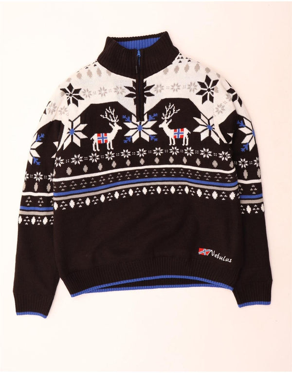 Nebulus Herre Sherpa Zip Neck Jumper Sweater UK 42 Large Black Fair Isle