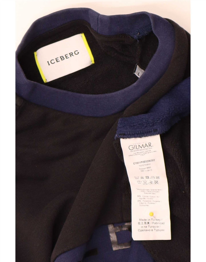 Iceberg Herre Grafisk Sweatshirt Jumper Stor Sort Colourblock Bomuld