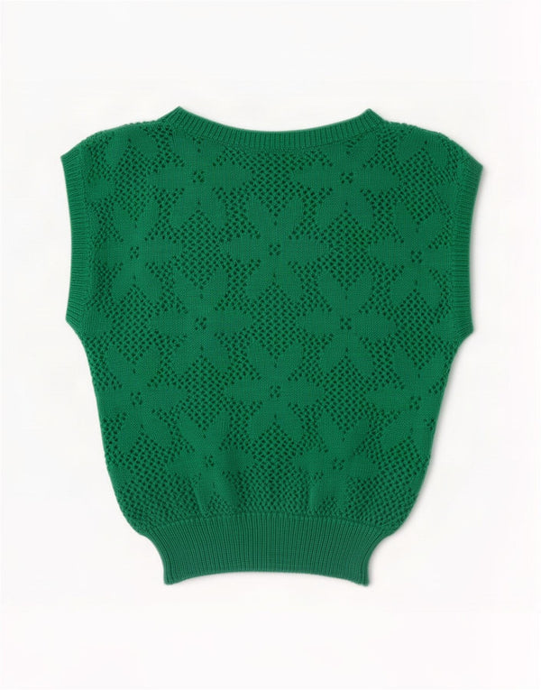 Vintage Kvinders Crop Hæklet Vest Tank Top UK 12 Medium Green Floral Acryl