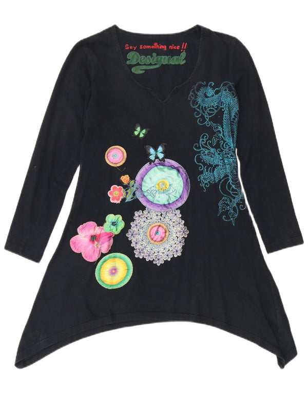 Desigual Dame Grafisk Asymmetrisk Tunika Top UK 10 Small Black Floral