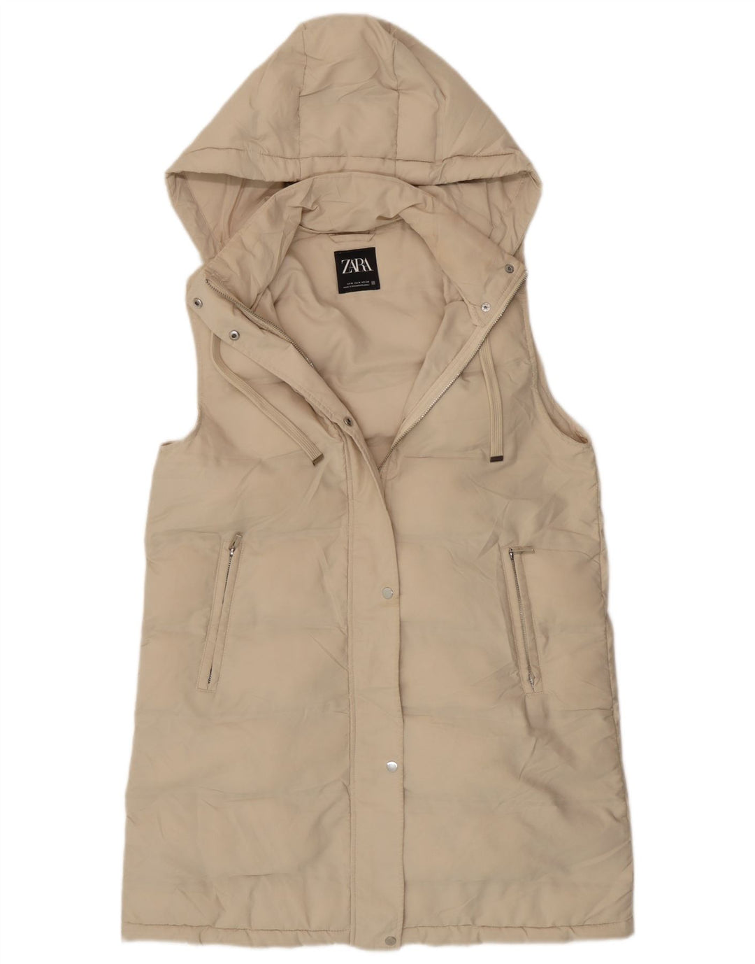 Zara Longline hættetrøje polstret Gilet UK 14 Medium Beige Polyester